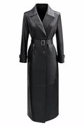 Women's Premium Genuine Leather Long Trench Coat – Double Breasted Belted Black Leather Overcoat