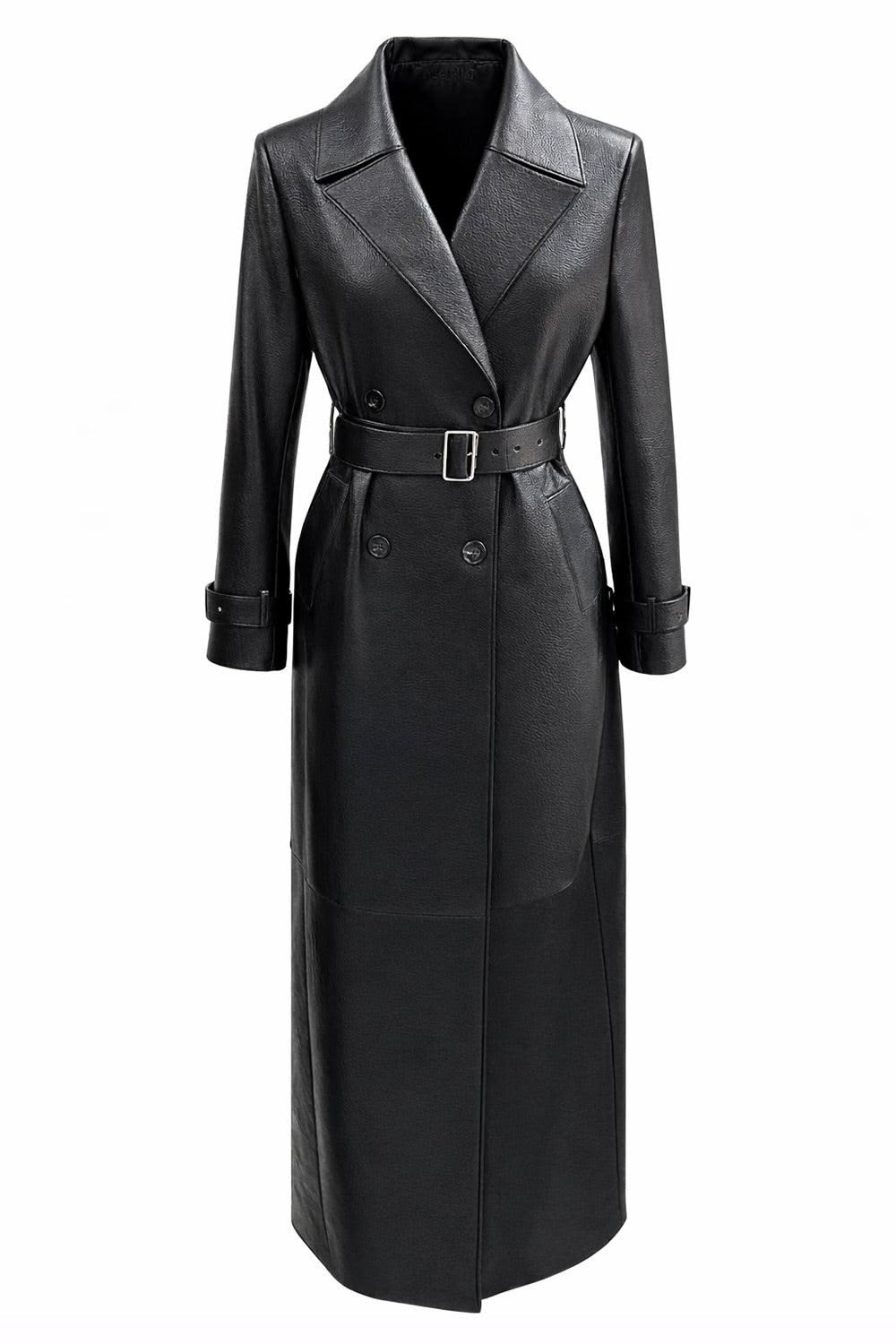 Women's Premium Genuine Leather Long Trench Coat – Double Breasted Belted Black Leather Overcoat
