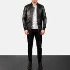 Men's Black Leather Bomber Jacket