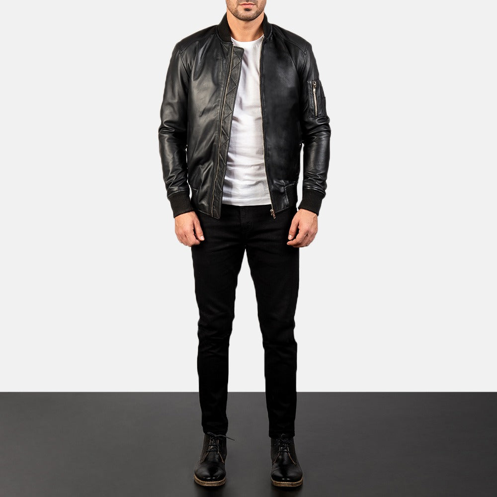Men's Black Leather Bomber Jacket
