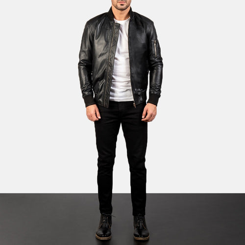 Men's Black Leather Bomber Jacket