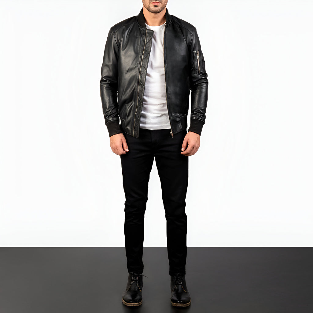 Men's Black Leather Bomber Jacket
