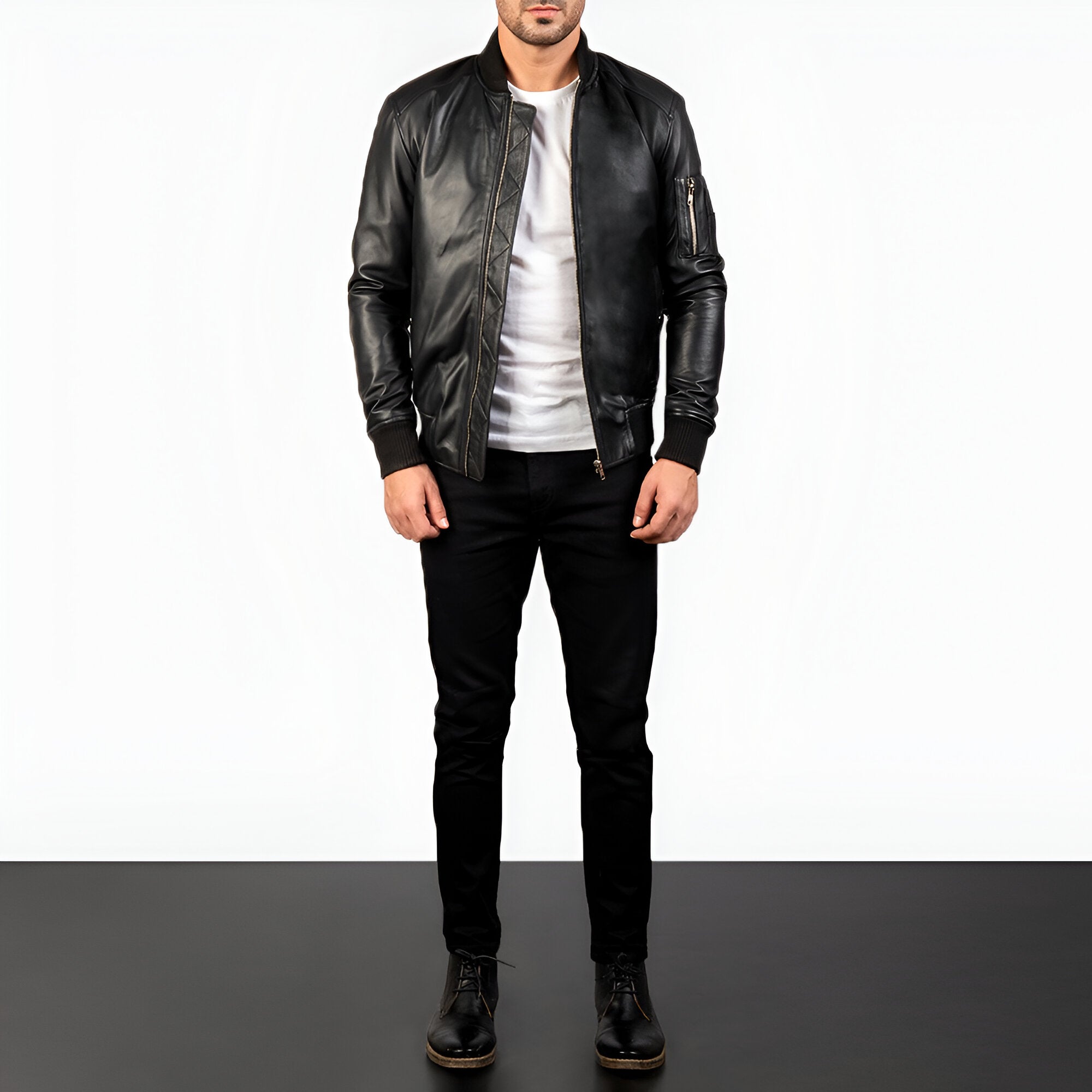 Men's Black Leather Bomber Jacket