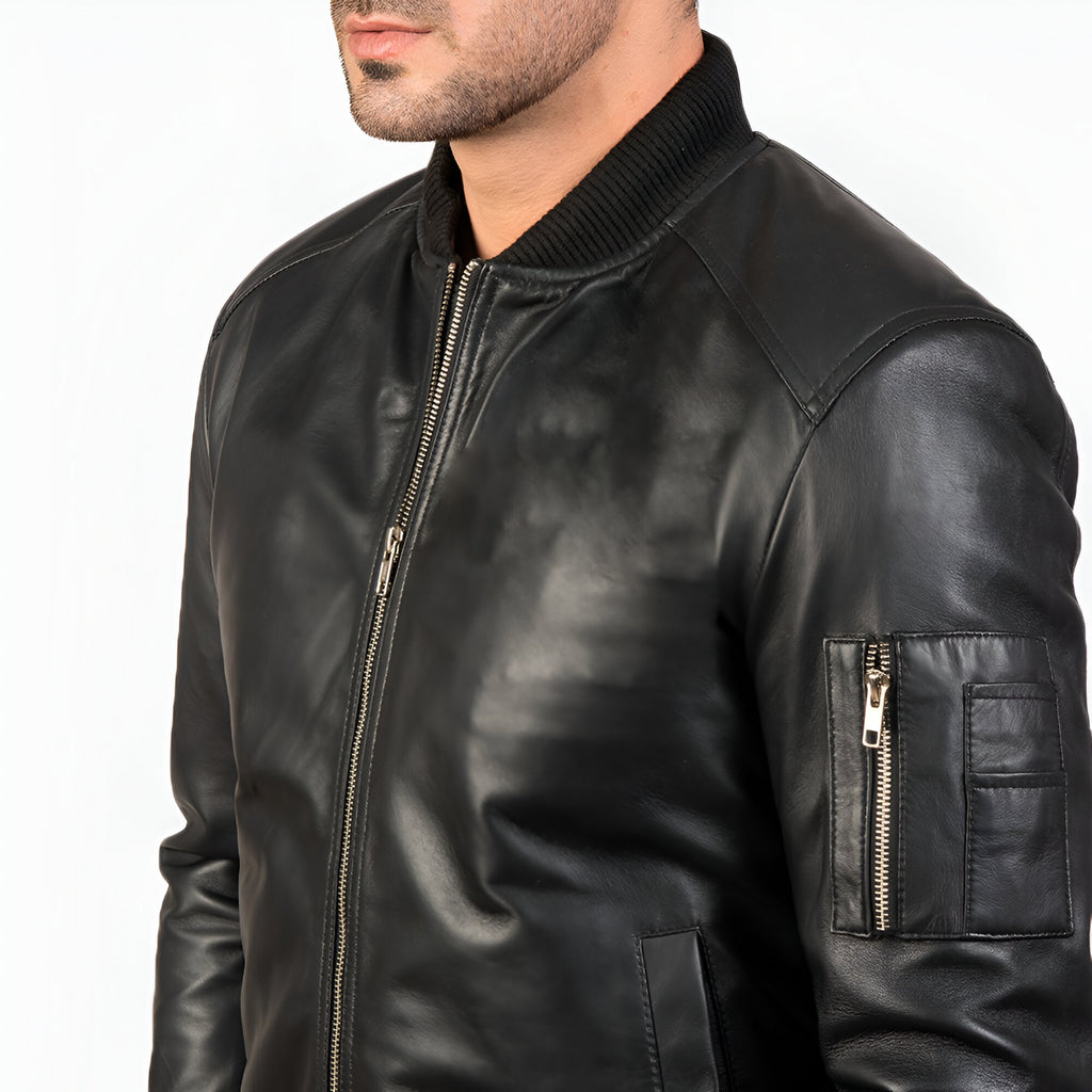 Men's Black Leather Bomber Jacket
