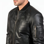 Men's Black Leather Bomber Jacket