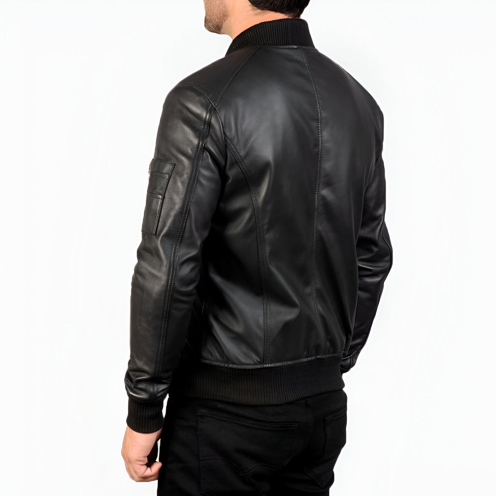 Men's Black Leather Bomber Jacket