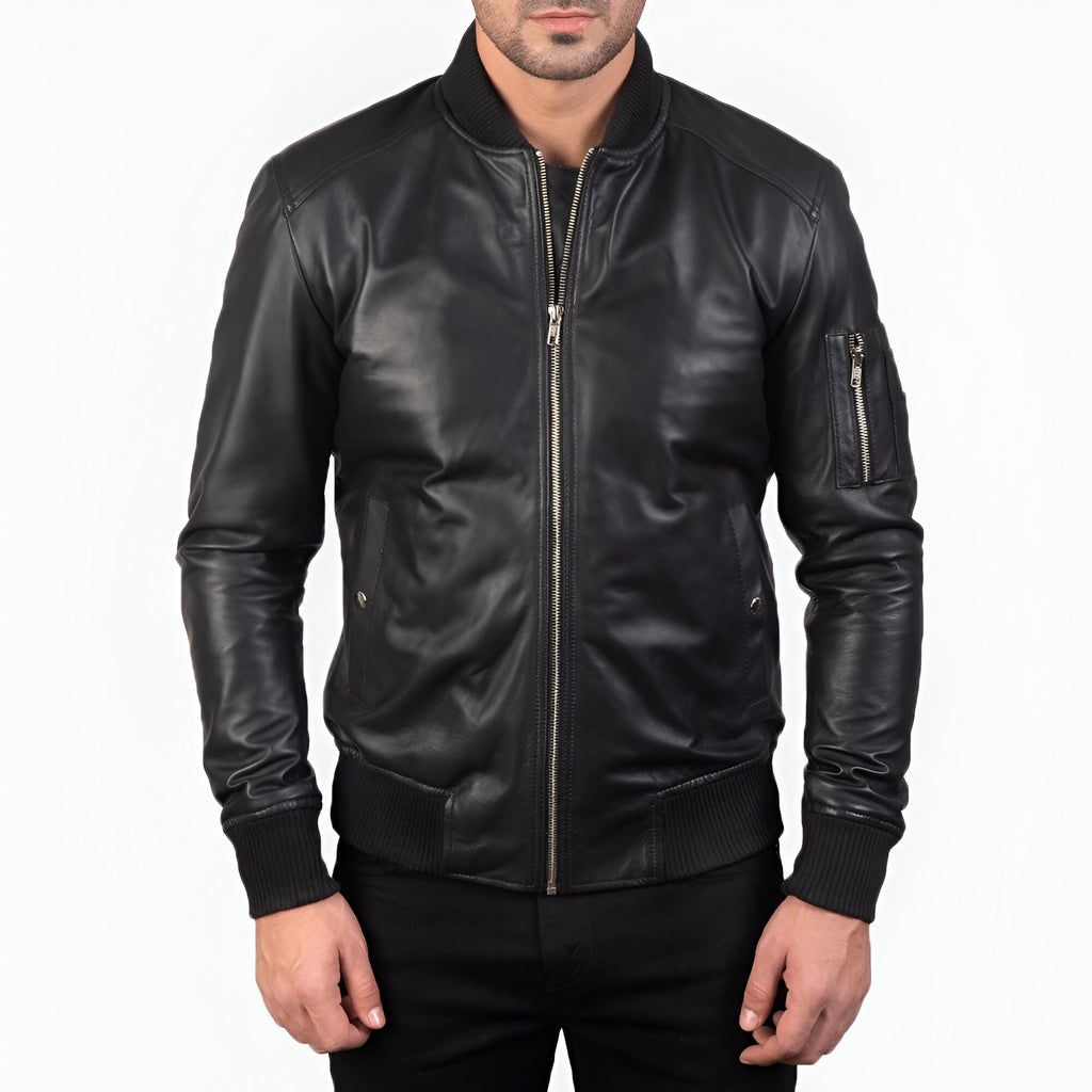Men's Black Leather Bomber Jacket