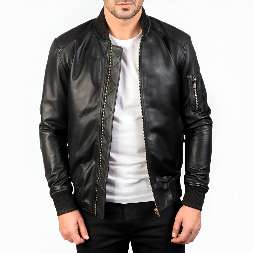 Men's Black Leather Bomber Jacket