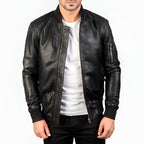 Men's Black Leather Bomber Jacket