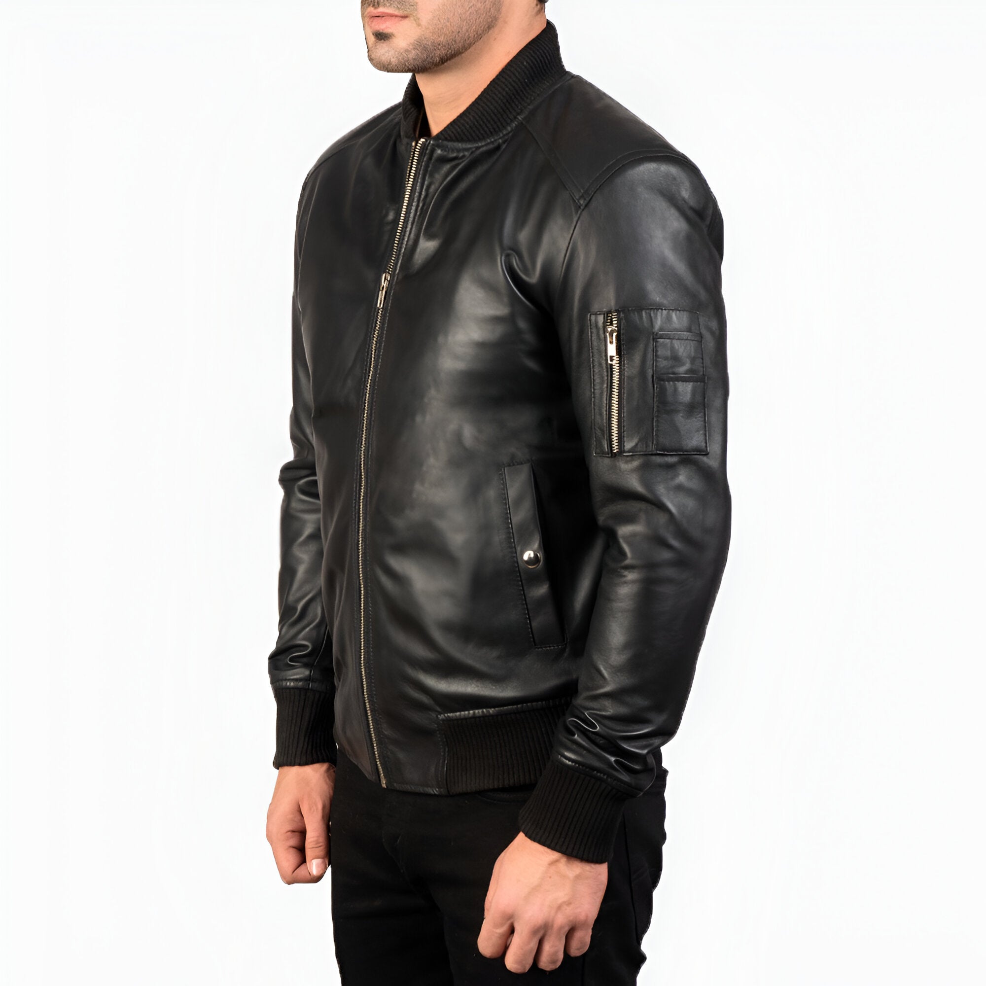 Men's Black Leather Bomber Jacket
