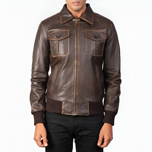  Men's Distressed Brown Leather Bomber
