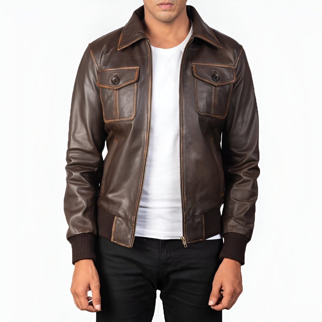  Men's Distressed Brown Leather Bomber