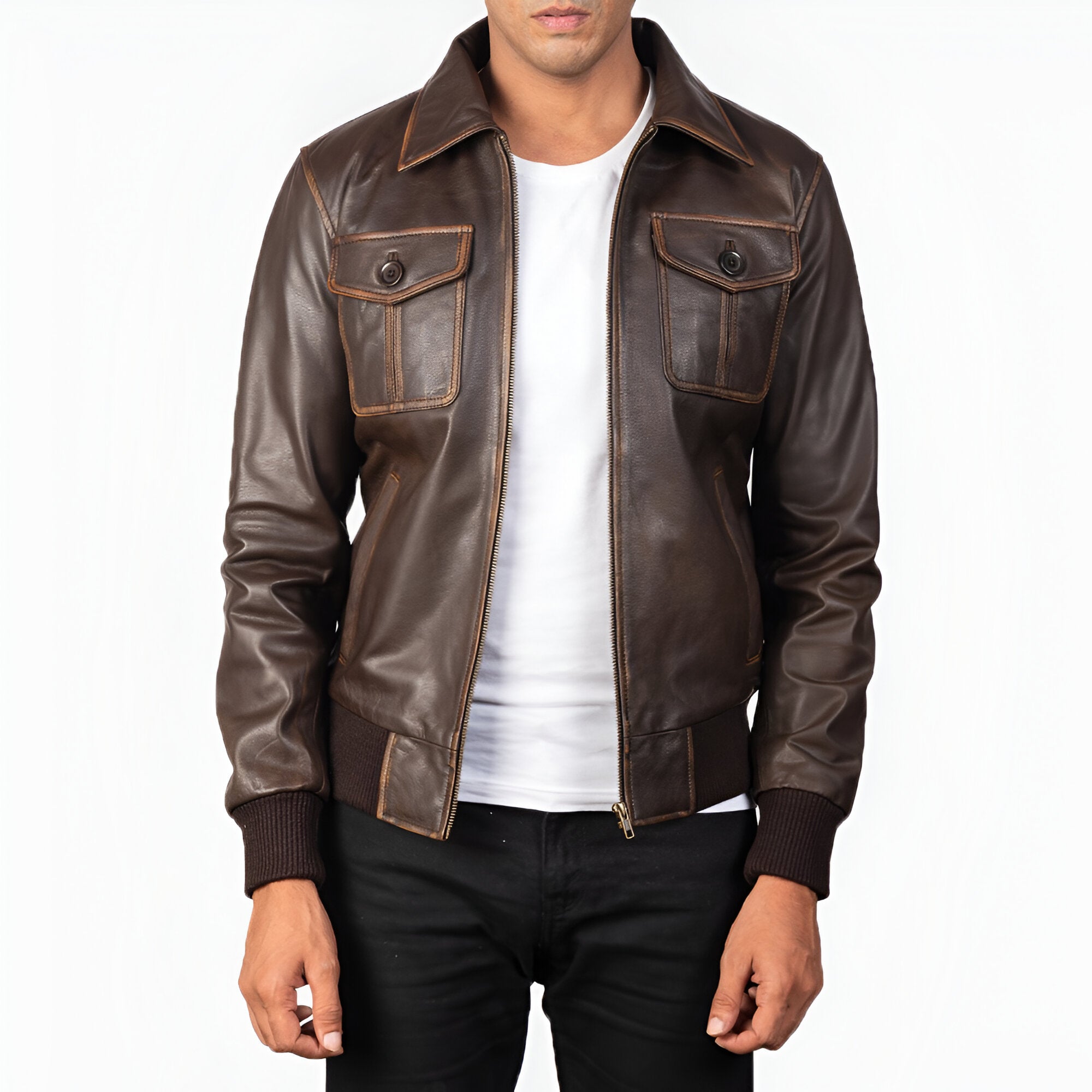  Men's Distressed Brown Leather Bomber