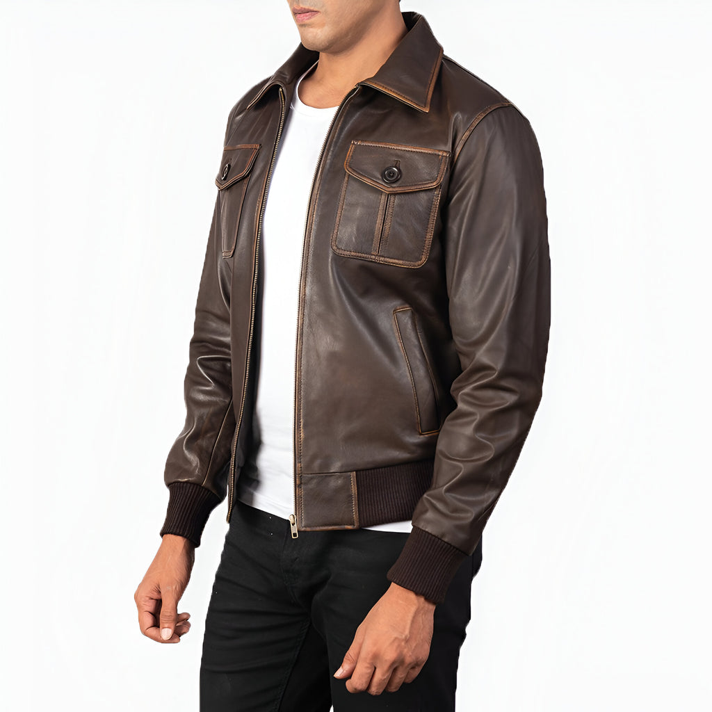  Men's Distressed Brown Leather Bomber