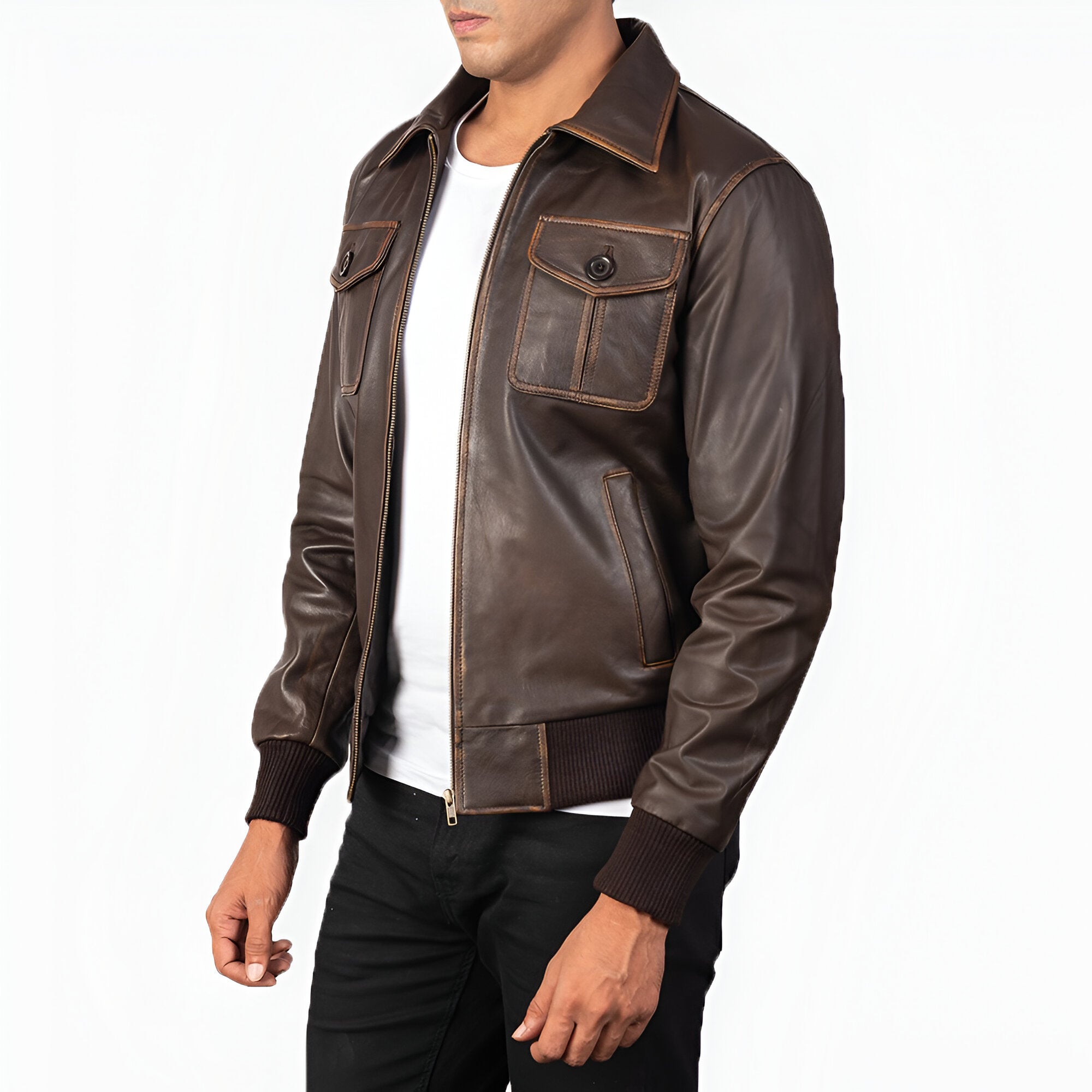  Men's Distressed Brown Leather Bomber