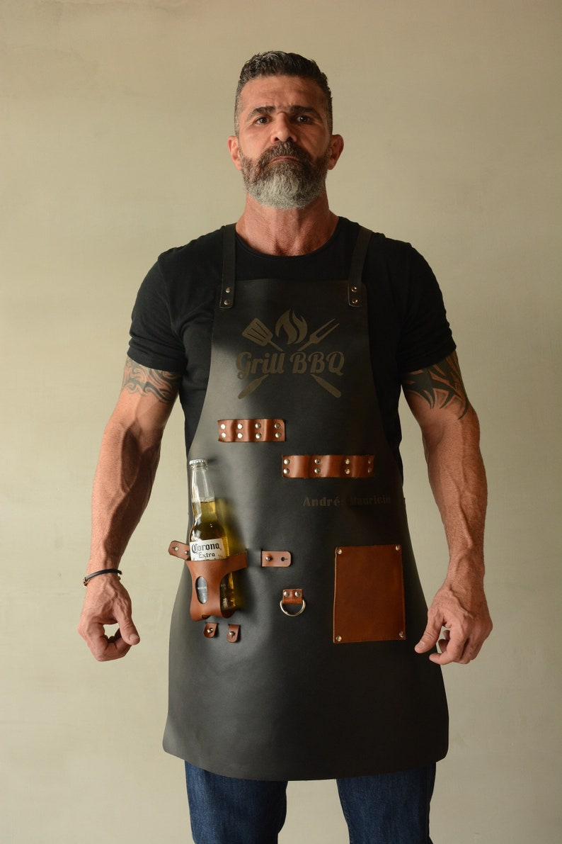 Personalized Full Grain Leather Apron with Knife Holster & Bottle Holder | BBQ Gift for Him