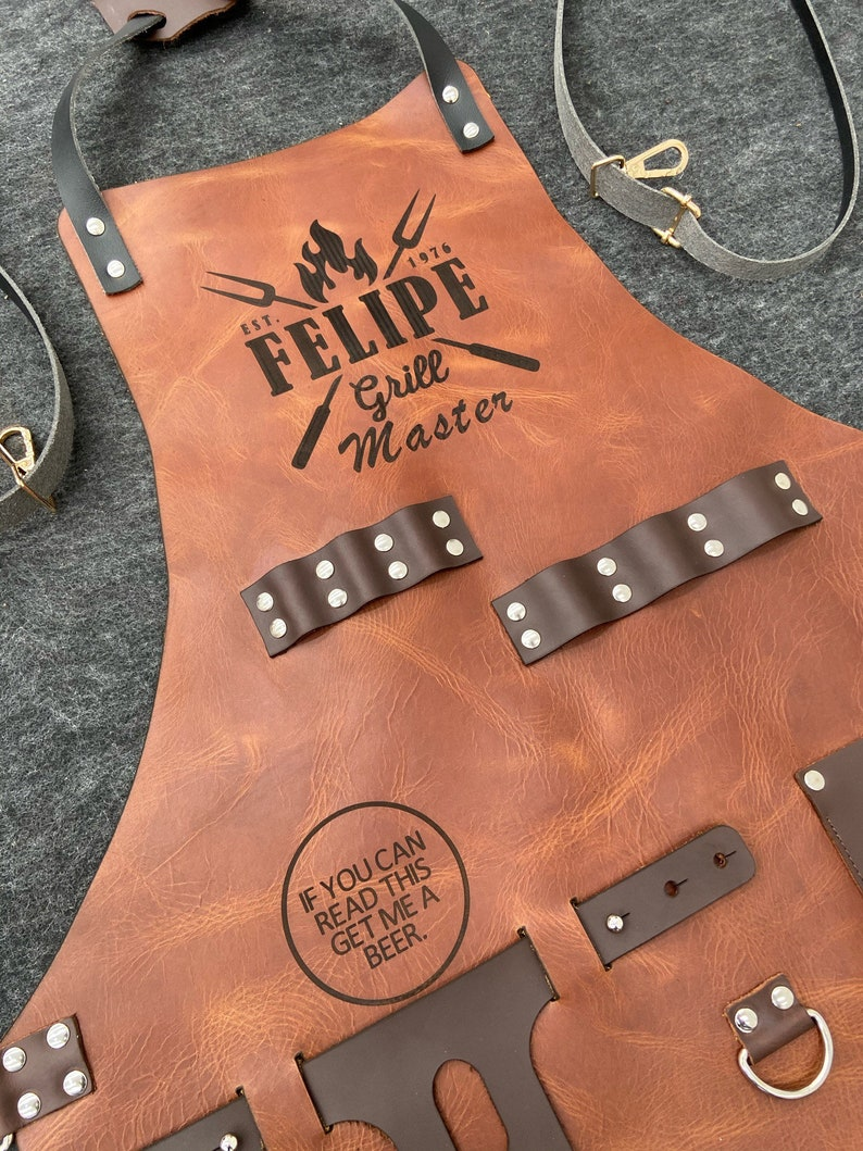 Personalized Full Grain Leather Apron with Knife Holster & Bottle Holder | BBQ Gift for Him