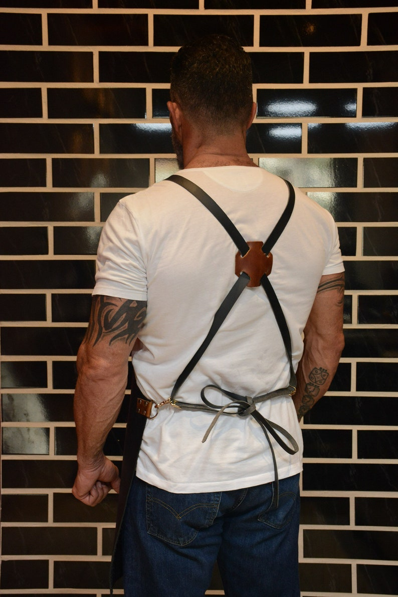 Personalized Full Grain Leather Apron with Knife Holster & Bottle Holder | BBQ Gift for Him