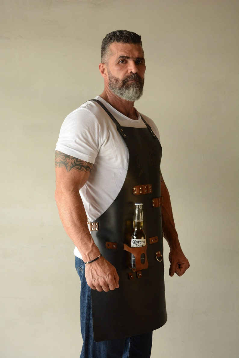 Personalized Full Grain Leather Apron with Knife Holster & Bottle Holder | BBQ Gift for Him