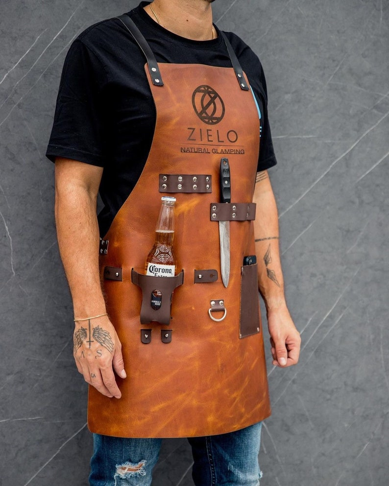 Personalized Full Grain Leather Apron with Knife Holster & Bottle Holder | BBQ Gift for Him