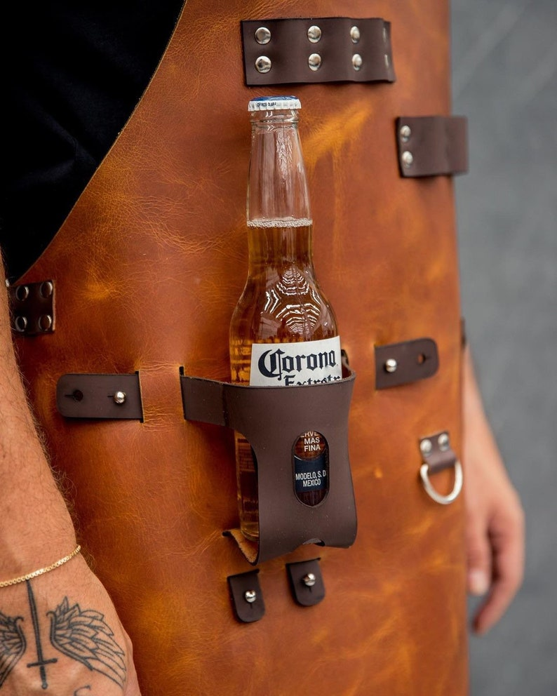 Personalized Full Grain Leather Apron with Knife Holster & Bottle Holder | BBQ Gift for Him